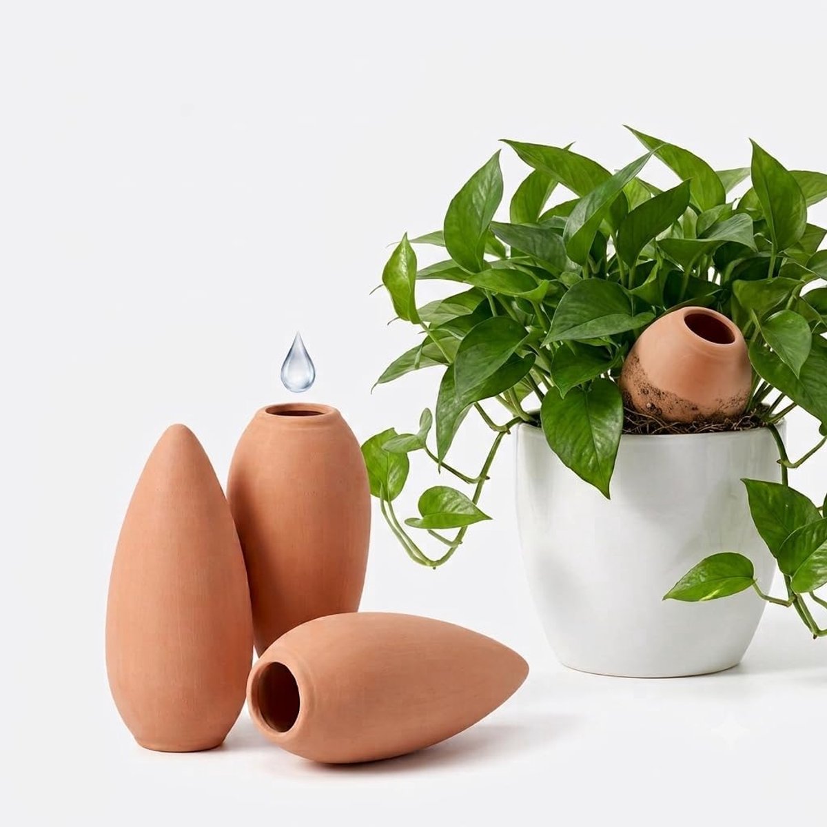 Set van 4 kegels van klei, zelfbewateringssysteem voor planten en potten, terracotta waterspikes, automatische druppelirrigatie voor vakantie, binnen en buiten