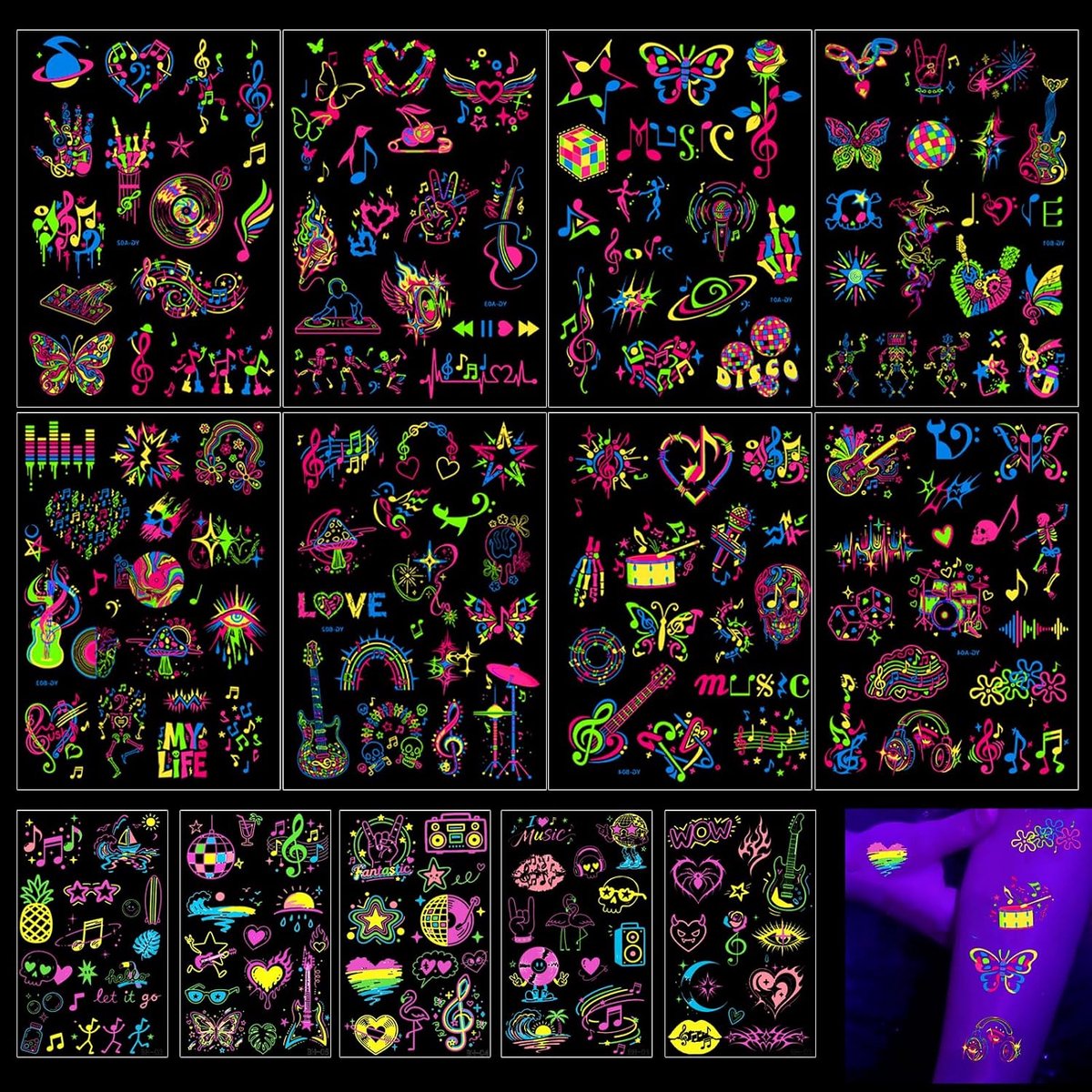 13 vellen tijdelijke tatoeages die lichten op onder UV Neon Muziek Disco Gitaar Fluorescente Flash tijdelijke tatoeagestickers voor vrouwen en mannen Lichaam en gezicht Festivalkunst