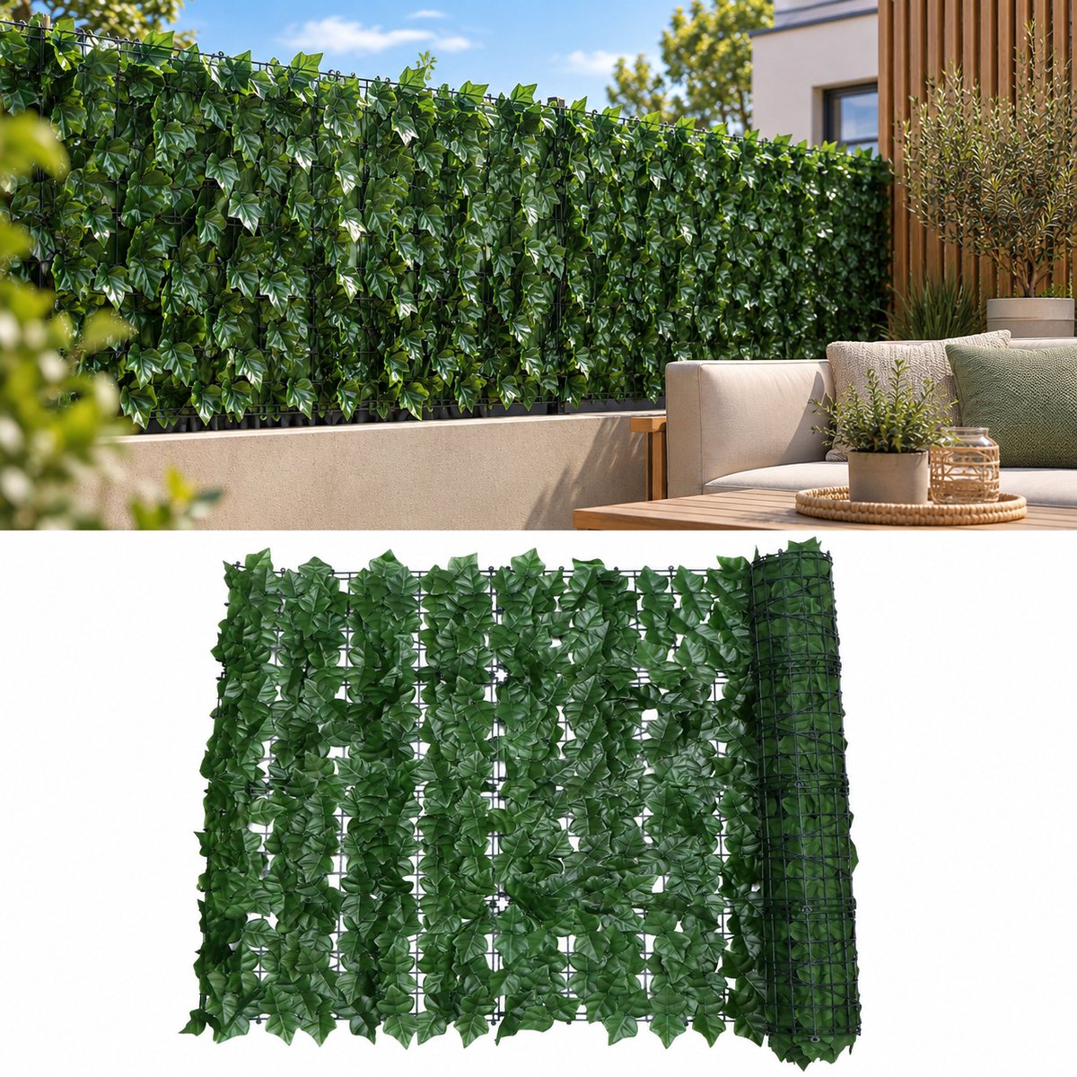 Lemlit Kunsthaag Klimop 0.5 x 3 m - Kunstklimop Privacy Scherm UV Bestendig - Balkonscherm voor Tuin Balkon Schutting en Terras - Groen