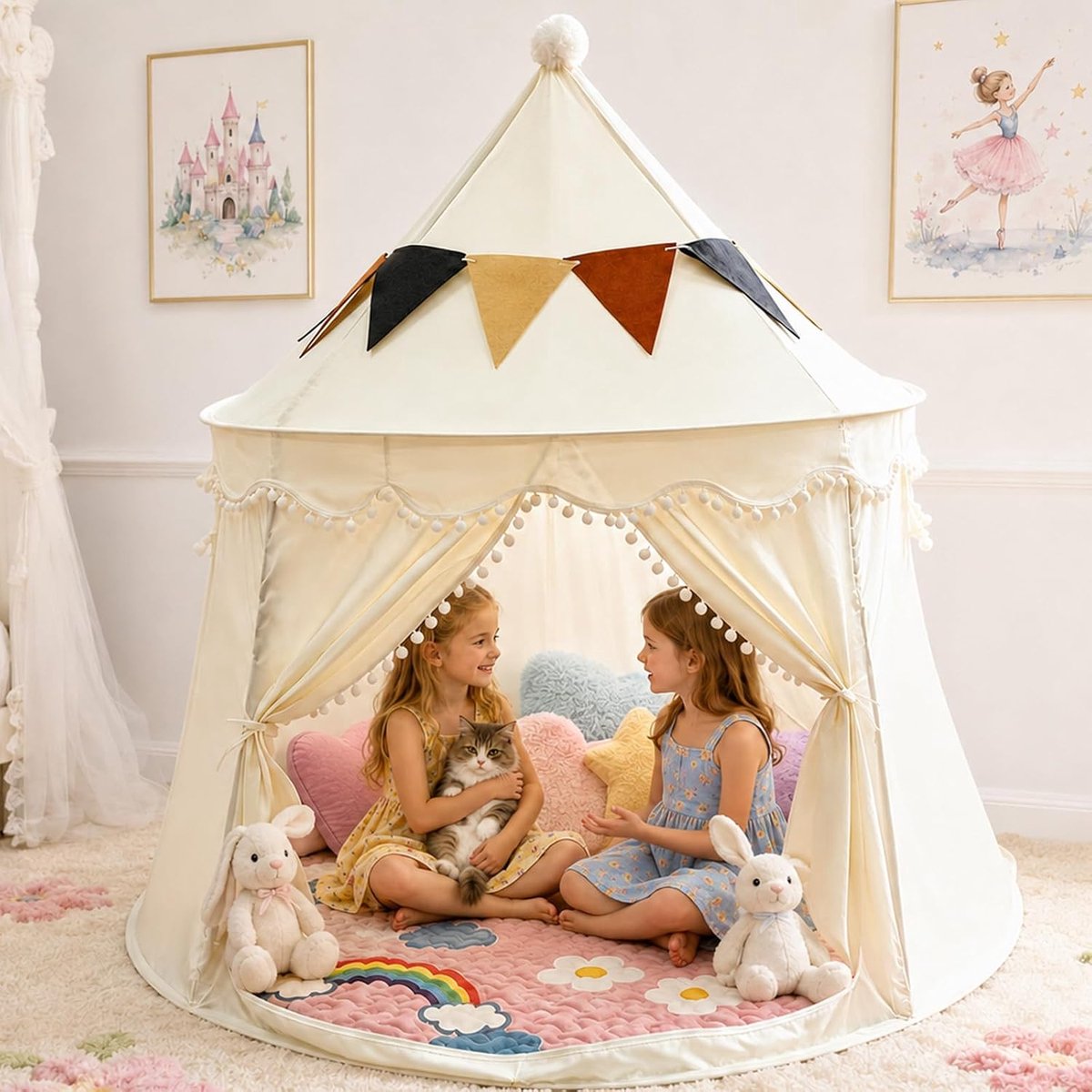 Kindertent met decoratieve vlaggetjes, opbergtas en gevoerd tapijt, speelhuis voor binnen en buiten, voor jongens en meisjes van 3 tot 7 jaar, wit