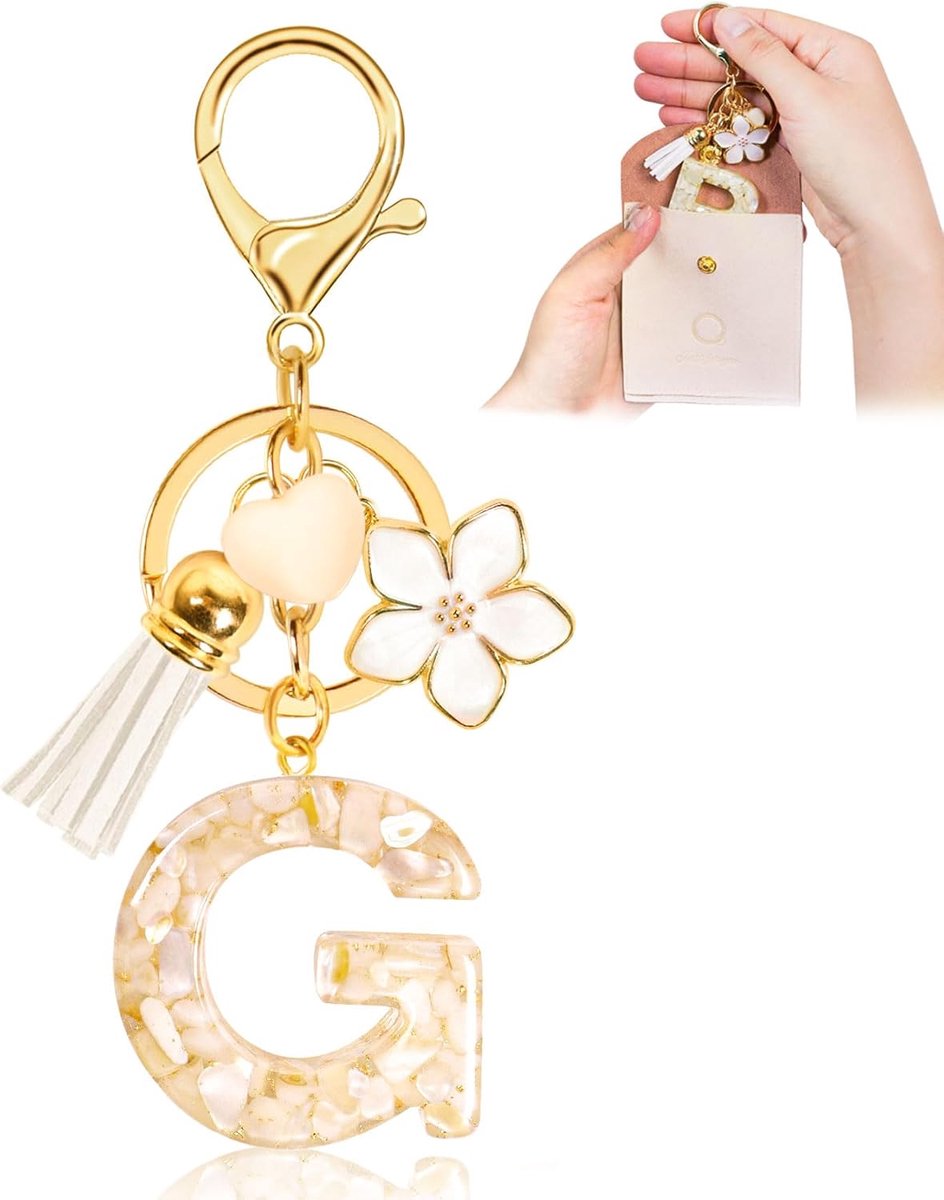 Dames, initiaal sleutelhanger voor meisjes, met letters, cadeau voor personalisatie, met hart- en bloemenhanger, beige