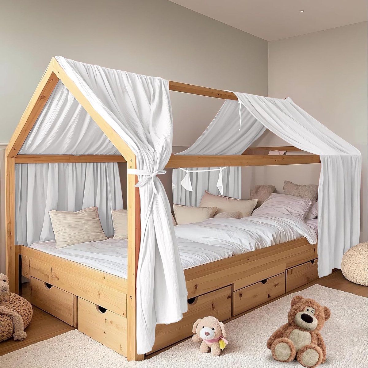 2 stuks, handgemaakt van 100% katoen-mousseline, stoffen hemel voor huisbeddecoratie, voor meisjes en jongens (65 x 270 cm, wit)