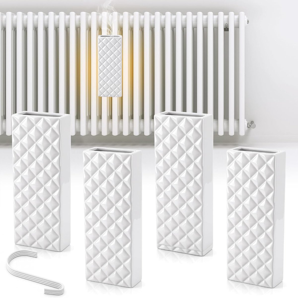 4-delige keramische radiatorbevochtiger met 4 S-haken – 450 ml waterreservoir voor verwarming, verdampingsradiator met diamantdesign voor natuurlijke kamerbevochtiging [Wit]