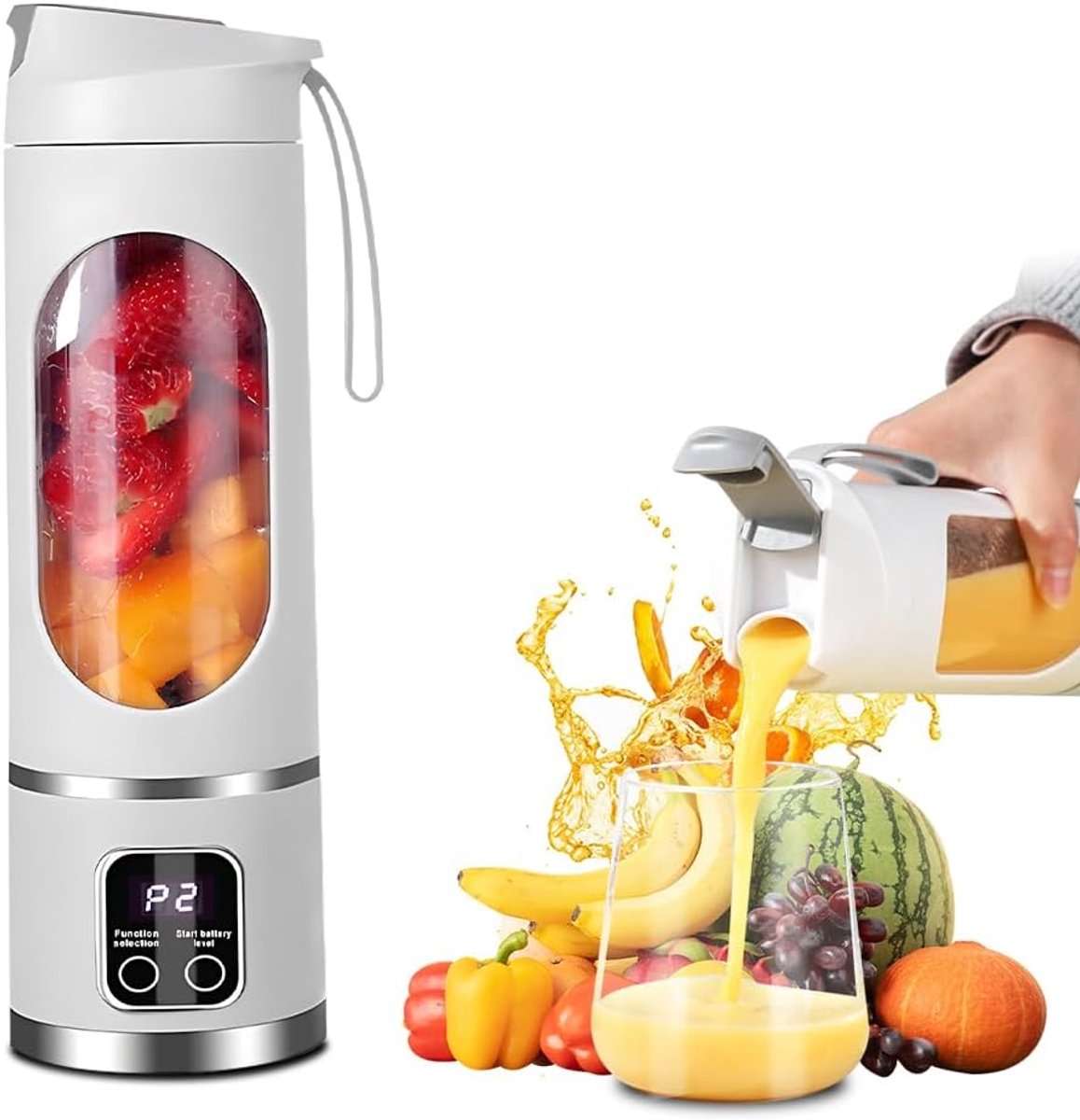 Blender smoothie maker to go, 450 ml, draagbare blender, 12 messen, met led-display, kleine mixer voor shakes en smoothies, oplaadbare mini-standmixer, sport, reizen, outdoor