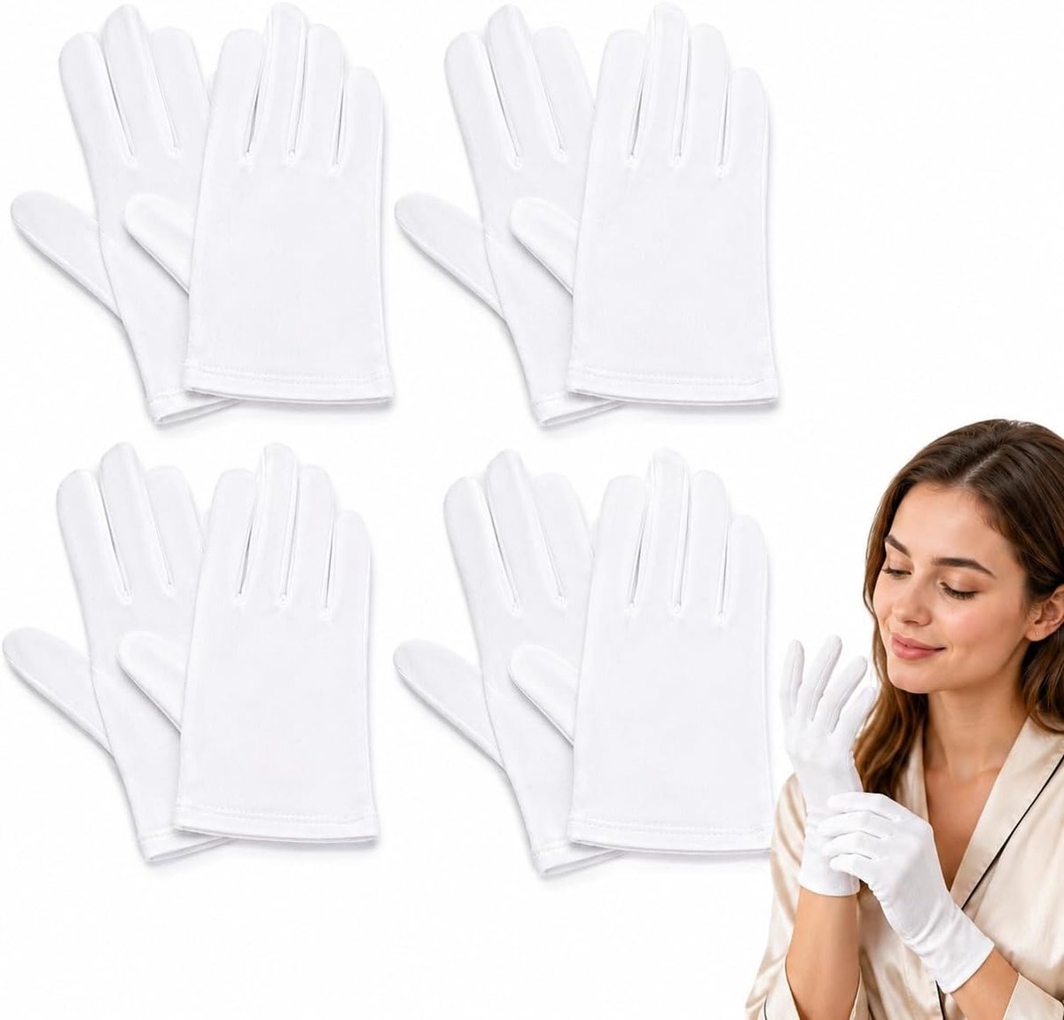 4 paar witte katoenen handschoenen, 100% katoen, ademend en wasbaar, voor handverzorging, dunne handschoenen voor droge handen en crèmes, verzorgingshandschoenen voor vochtinbrengende producten