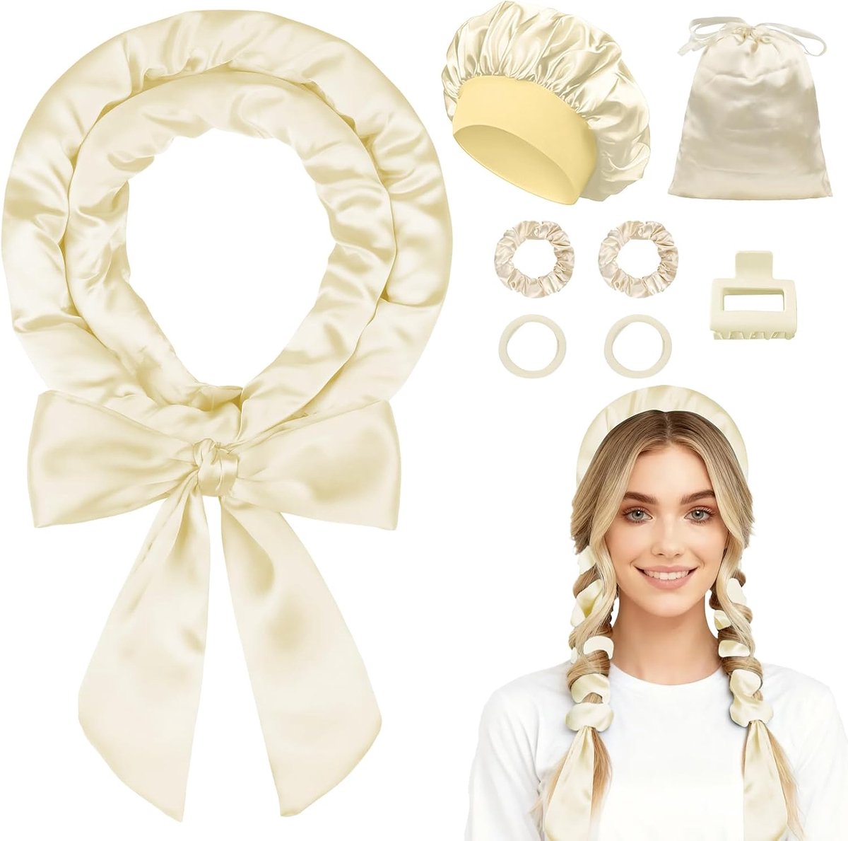 Krulspelden 's nachts krullen zonder hitte voor lang haar, overnight curls krulband krullen 's nachts, krulspelden zonder hitte set met bonnet - 8 stuks, champagne