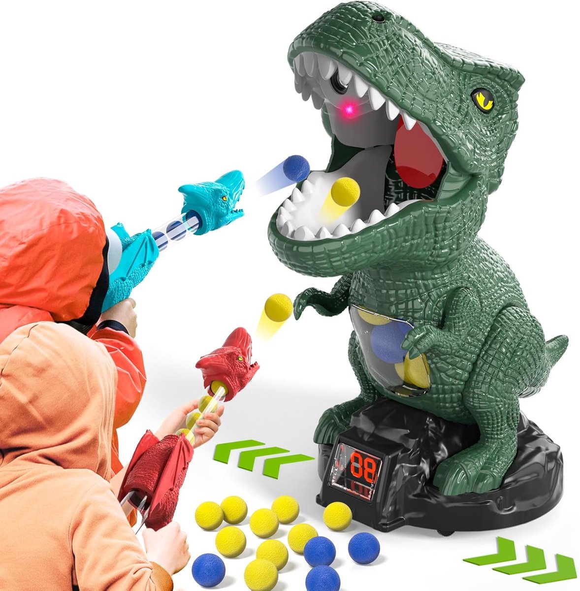 Dino-doelset, schietspeelgoed voor kinderen, dinosaurusspeelgoed, outdoor spellen, kinderspeelgoed, cadeau voor jongens van 4, 5, 6, 7 jaar, 2 popperpistolen, 48 schuimballen