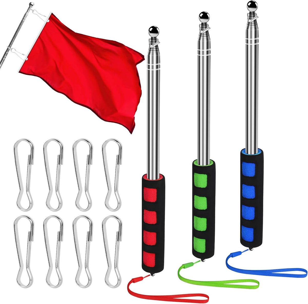 3 stuks telescoopstangen voor vlaggen, 2 m draagbare vlaggenstang, telescopische vlaggenstang, vlaggenmast met 8 clips, telescoopstang voor reizen, kamperen, leraren