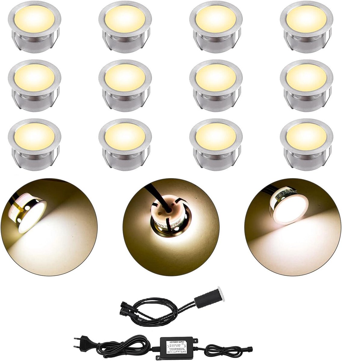 Verlichting met lichtsensor Φ 30 mm 0,6 Wst. Waterdichte sokkel-plafondlampen, warm, voor terrasverlichting, keukensokkel, badkamerverlichting, verpakking van 12 stuks
