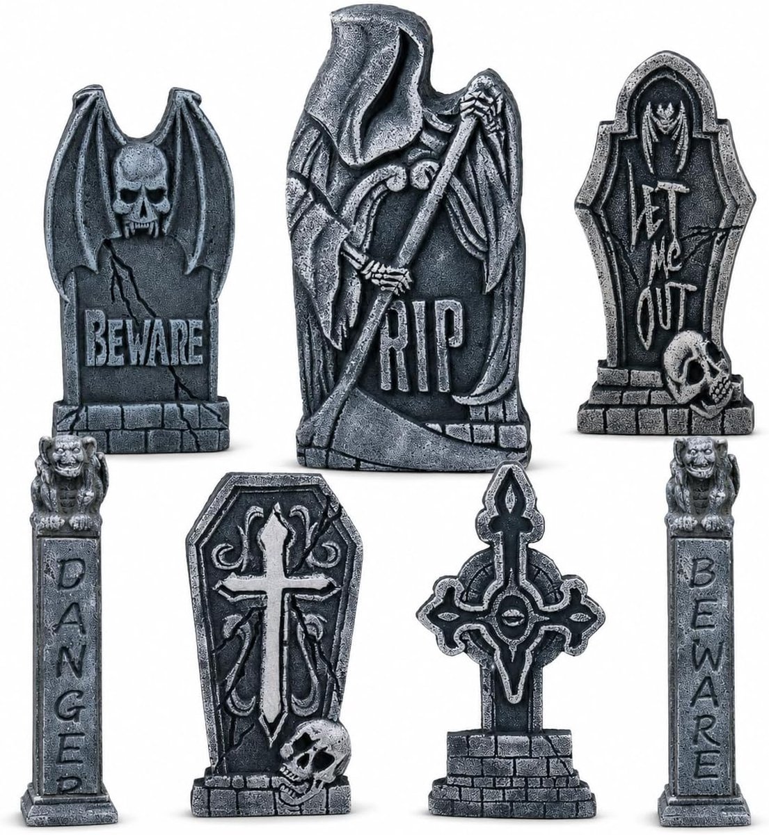 Grafsteen decoratie buiten, begraafplaats decoraties met paal voor spookhuis, tuin, binnenplaats, horrordecoratie, 7 stuks/81 cm