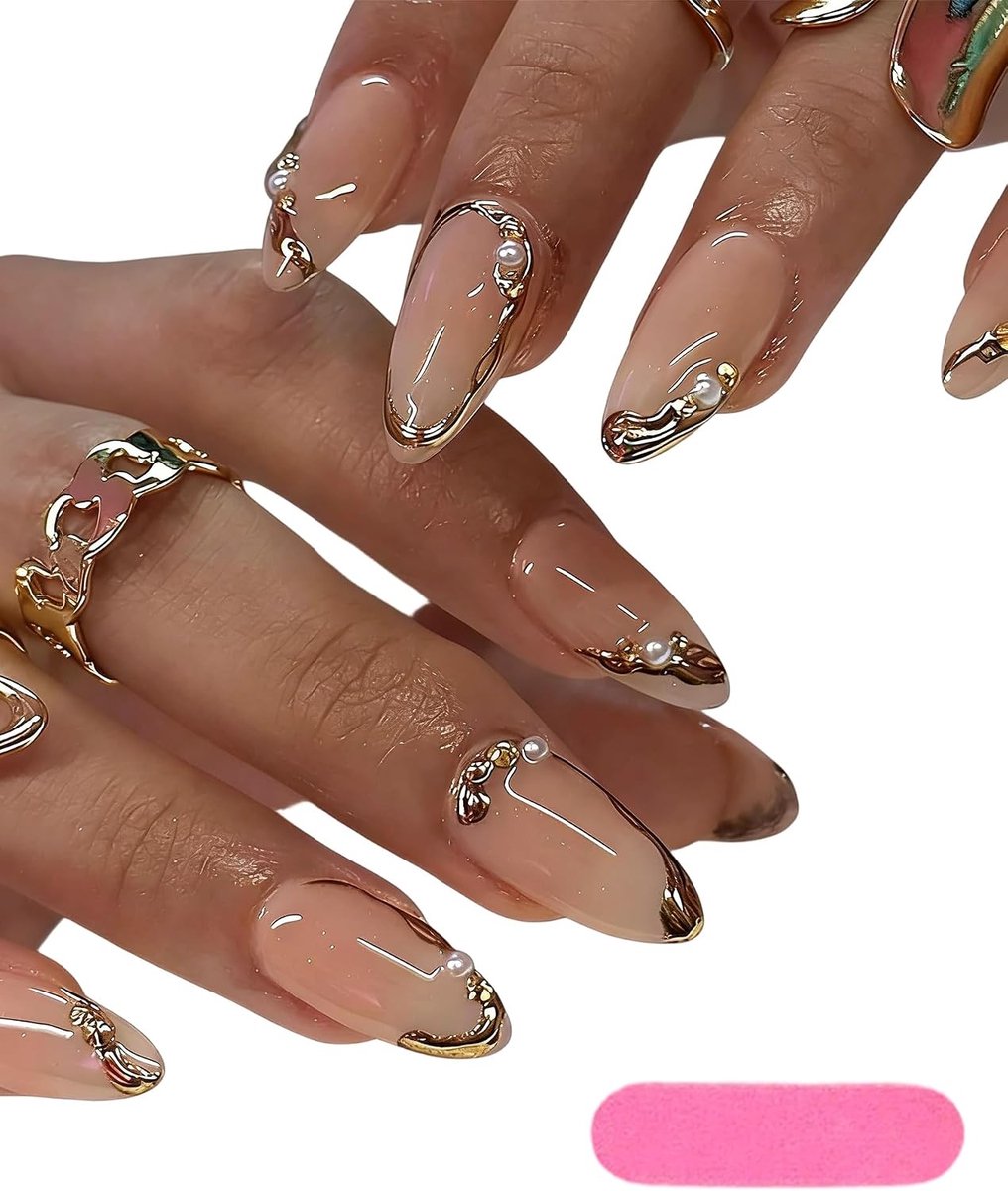 24 stuks press-on nagels, goud, 12 maten, goudkleurig glitterdesign, herbruikbare stick-on press-on nagels, amandelvormig, voor vrouwen en meisjes, nail art, manicure
