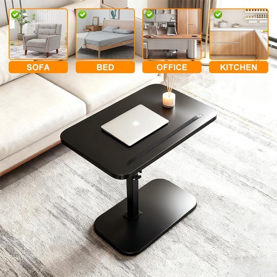 Bijzettafel C-vorm, 360° draaibaar, woonkamertafel, telefoontafel, in hoogte verstelbare banktafel (45-80 cm) met kantelbaar tafelblad, kleine bijzettafel voor bank, bed en smalle ruimtes (zwart) — afbeelding 5