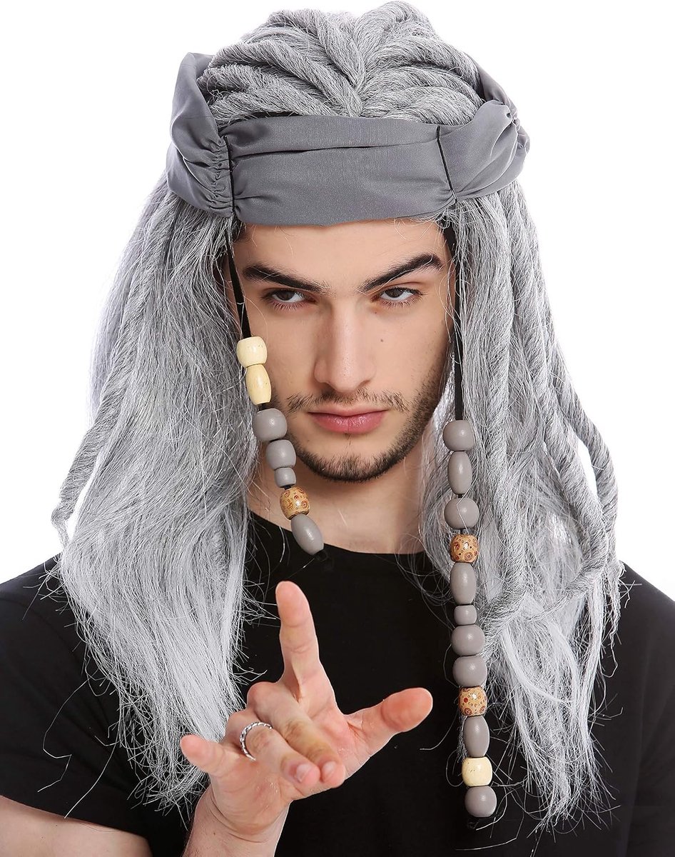 Herenpruik, piratenpruik, oud, hoofddoek, dreadlocks, lang, wild, grijs gemêleerd