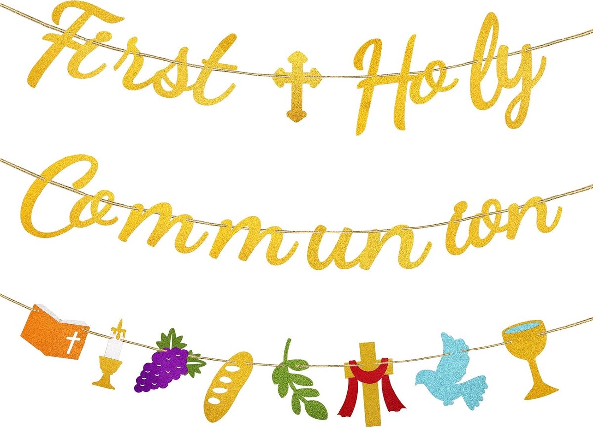 Eerste Heilige Communie Banner, Goud Glitter Religieus Kruis God Zegene Doopbord Vooraf Opgehangen Feestbanner Decoratie voor Christelijke Kinderen Jongens Meisjes Babyshowers & Doopvieringen