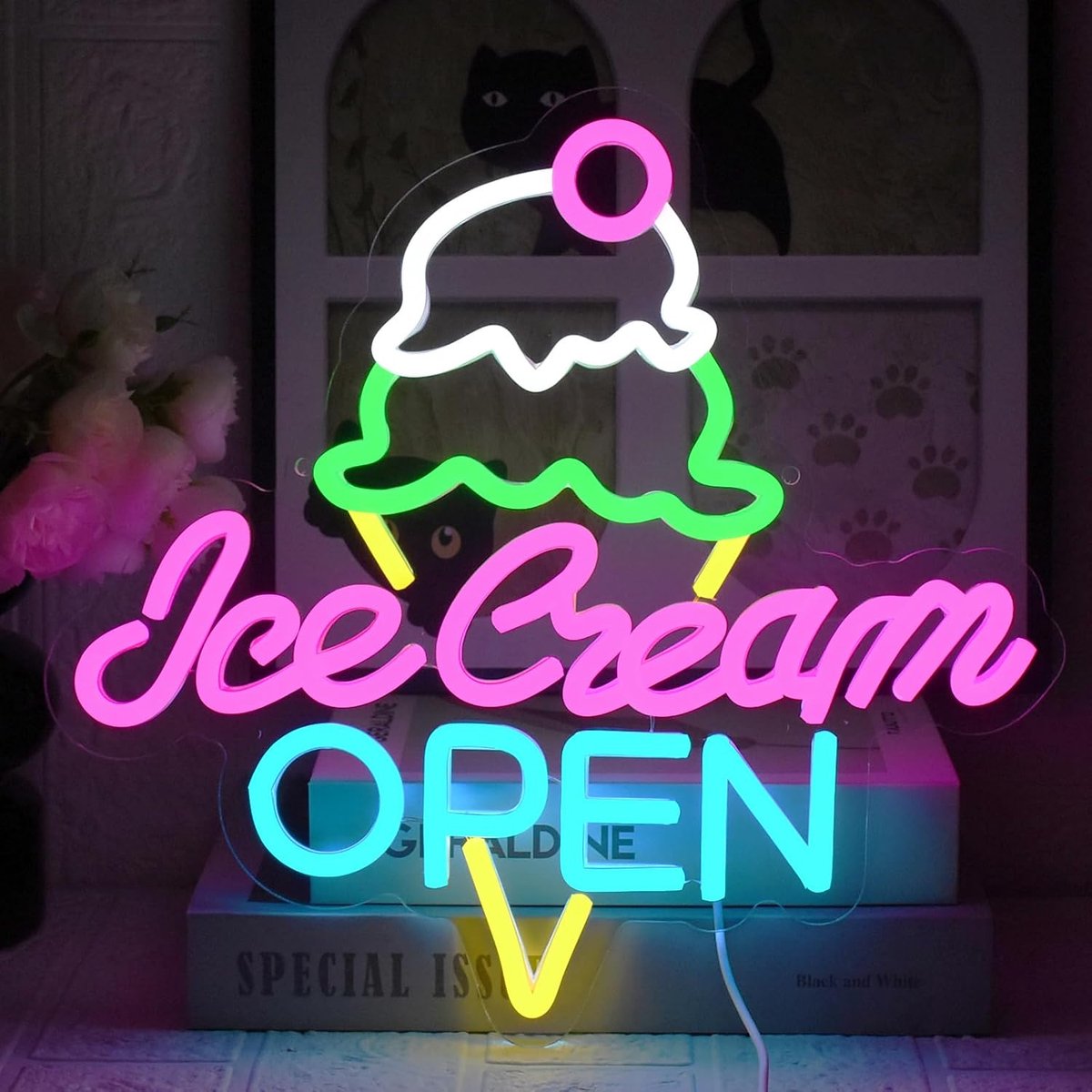 Neon Bord Kleurrijke IJswafels Led Neon Bord IJscrème Open Neonborden USB Dimbaar Lichtreclame voor IJssalon Dessert Snack Bar Café Winkel Club