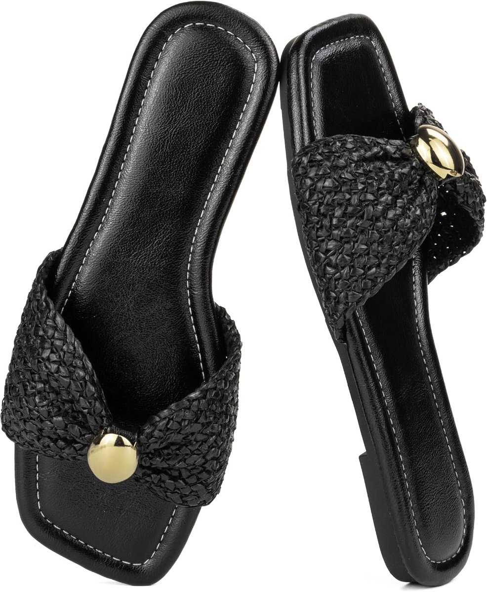Platte Sandalen Raffia Geweven Knoop Slide Sandalen Vierkante Open Tenen Zomer Sandaletten voor Dagelijks Gebruik Vakantie Strand
