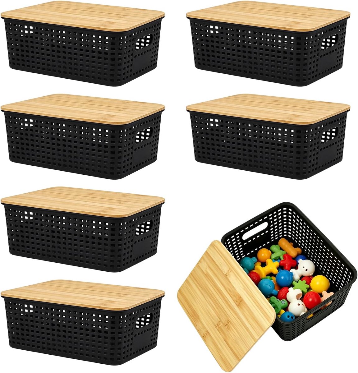 6 opbergdozen met houten deksel, 4 liter, badkamerorganizer, 25 x 18 x 10 cm, plastic doos, stapelbare kleine voorraaddoos met handgrepen, keukenopbergdoos, manden container (zwart)