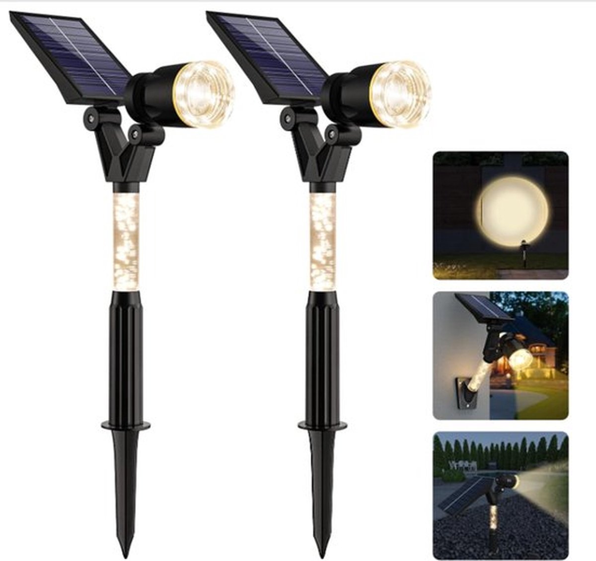 Solar buitenlamp - Tuinverlichting op zonne-energie - Solar-spots 2 stuks - waterdicht - voor tuin en terras - 2-in-1 solar-spots - 3 helderheidsstanden voor tuinpad en terras