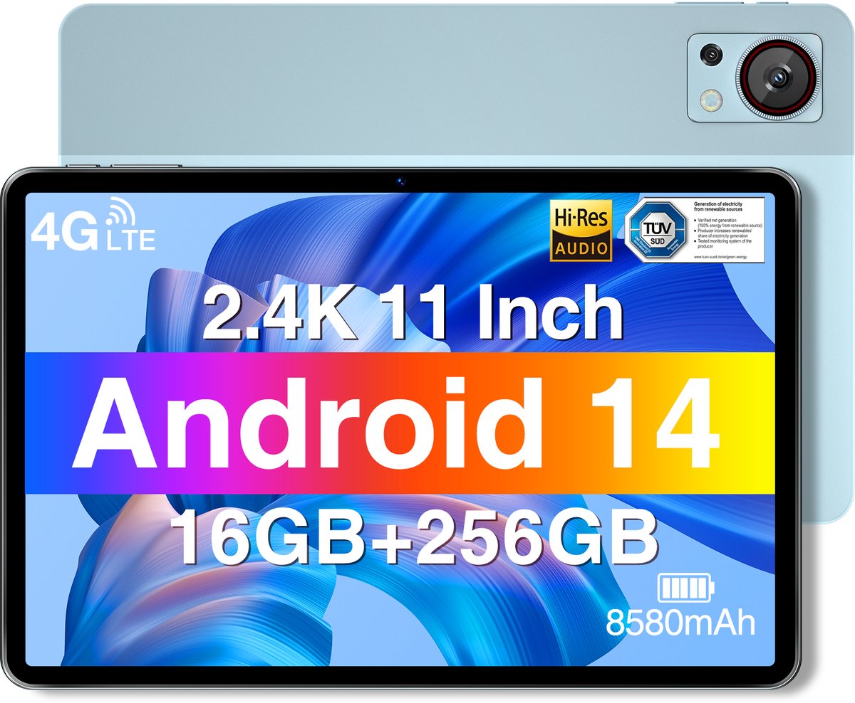 Doogee T30s -Tablet 11 inch 2,4k - 7,6 mm Ultradunne -Android 14 -16GB Ram + 256GB Rom/TF 1TB -5G WiFi - 8580MAH-Blauw