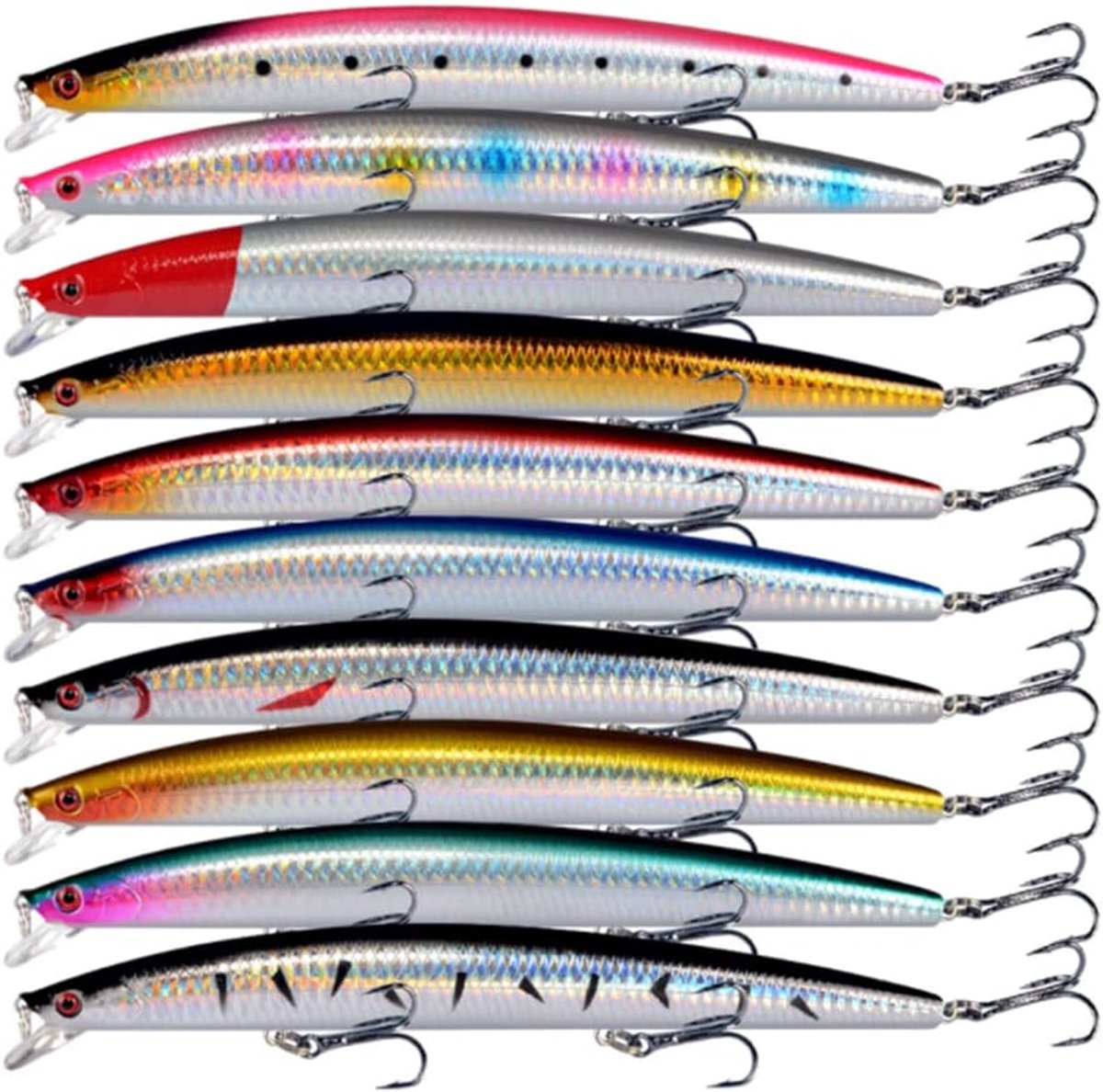 Minnow-kunstaas voor zeebaars — Zoutwaterkunstaas — Kunstaas — Geschikt voor snoek, largemouth bass en zeebaars — Geschikt voor vissen in stuwmeren en op zout water — Verpakking van 10 stuks — 18,5 cm / 23 g