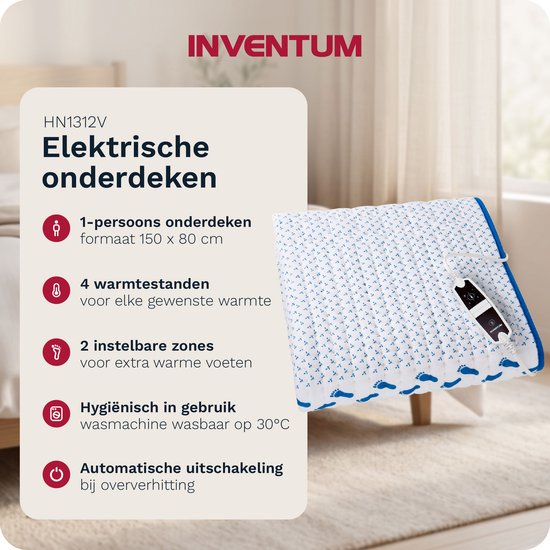 Eenpersoons elektrische onderdeken, 150x80 cm, wit met blauwe voetjesprint en blauwe bies. Controller met 4 standen.