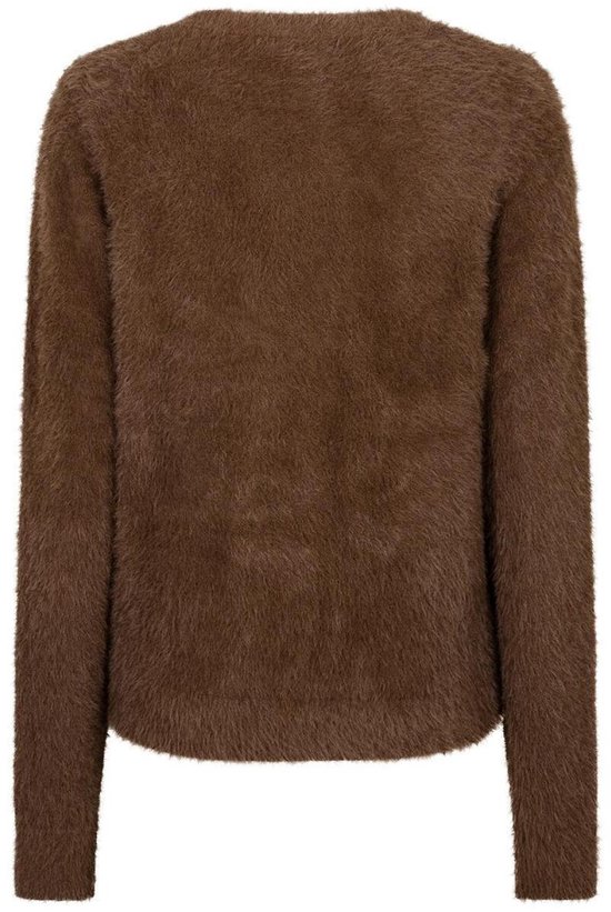 Achterkant van een bruine, fuzzy trui met lange mouwen en ronde hals.
