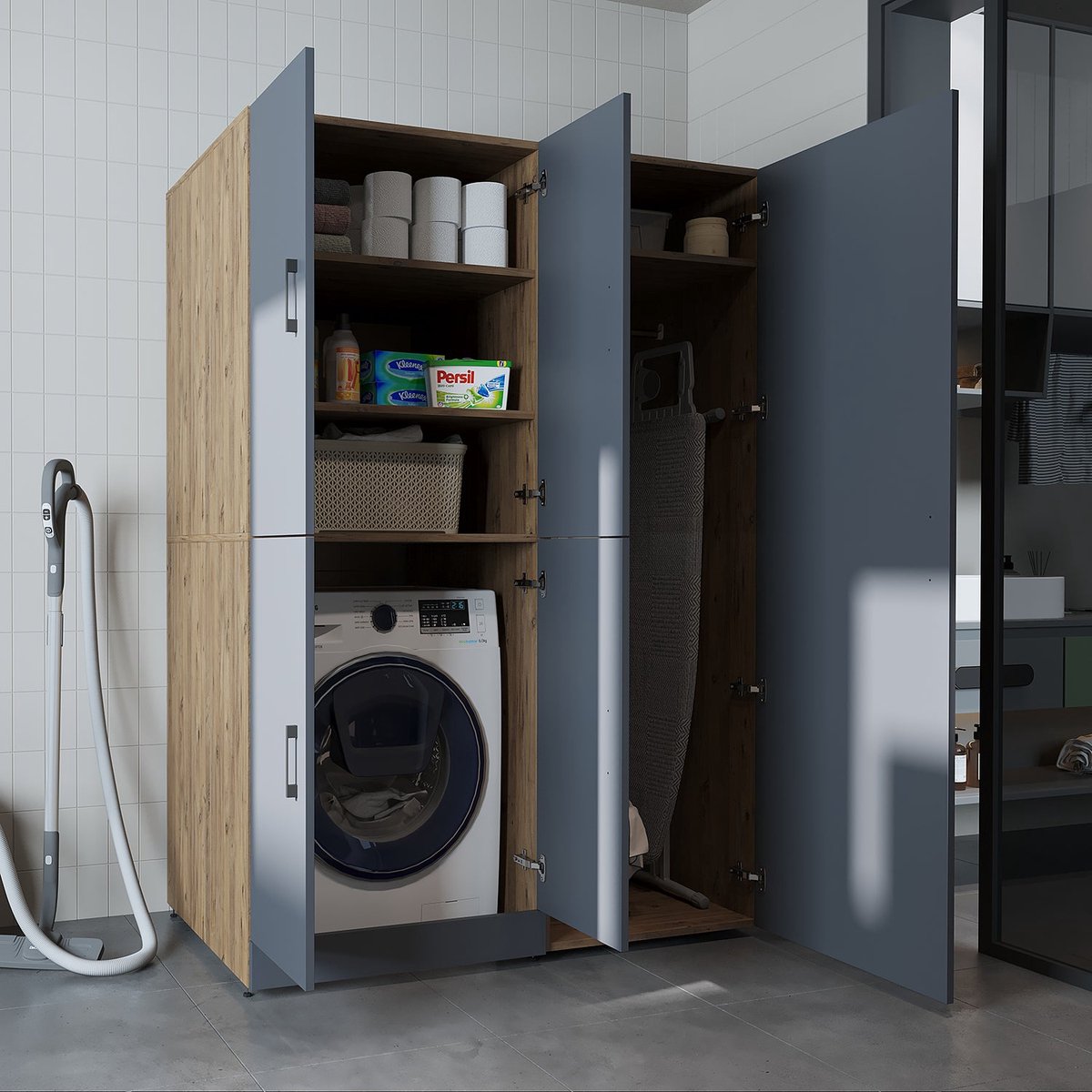 Roomart DORA-II Wasmachine Ombouwkast 130x186 cm - Antraciet Eiken