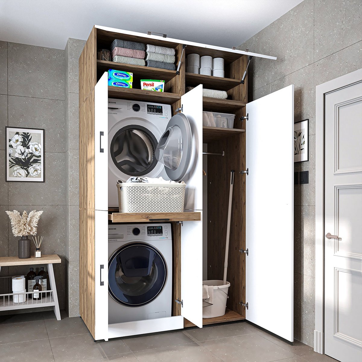 Roomart DORA-I Wasmachine Ombouwkast 130x230 cm met Opzetkast - Wit Eiken