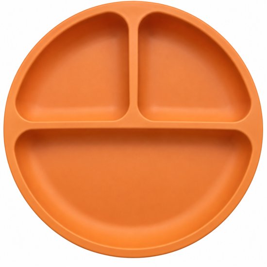 Oranje siliconen bord met 3 vakjes.