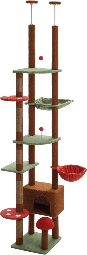 Een hoge, bruine krabpaal met meerdere plateaus in groen en bruin, met rode accenten en een kattenhuis.