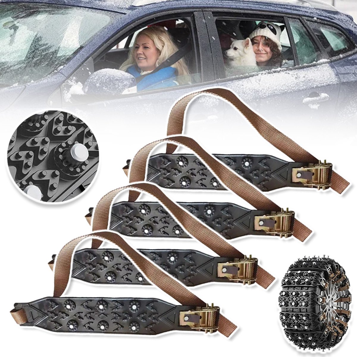 Universele Sneeuwkettingen Auto - Antislip Noodtractieketting met TPU & Stalen Spijkers - Voor Licht Truck, SUV & ATV - 37,5x7cm - Set voor Winter, IJs & Modder productafbeelding