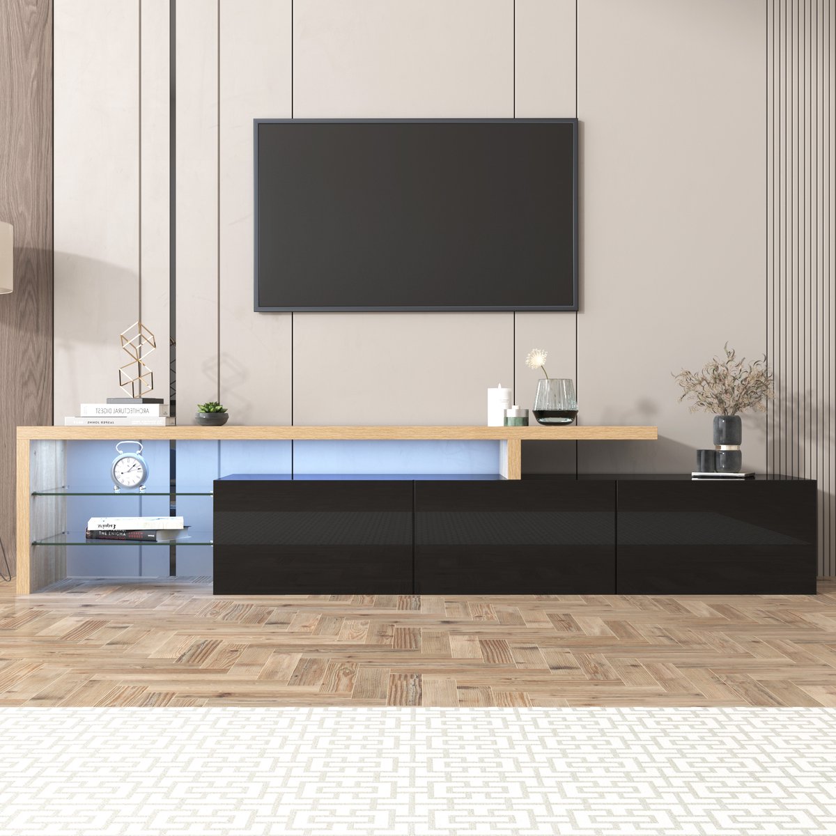 MUVANO Groot TV Meubel - Moderne TV Kast - TV Dressoir-met App-gestuurde LED Verlichting en Glazen Planken - 197,5 cm- Opbergen- Woonkamer Zwart en Hout