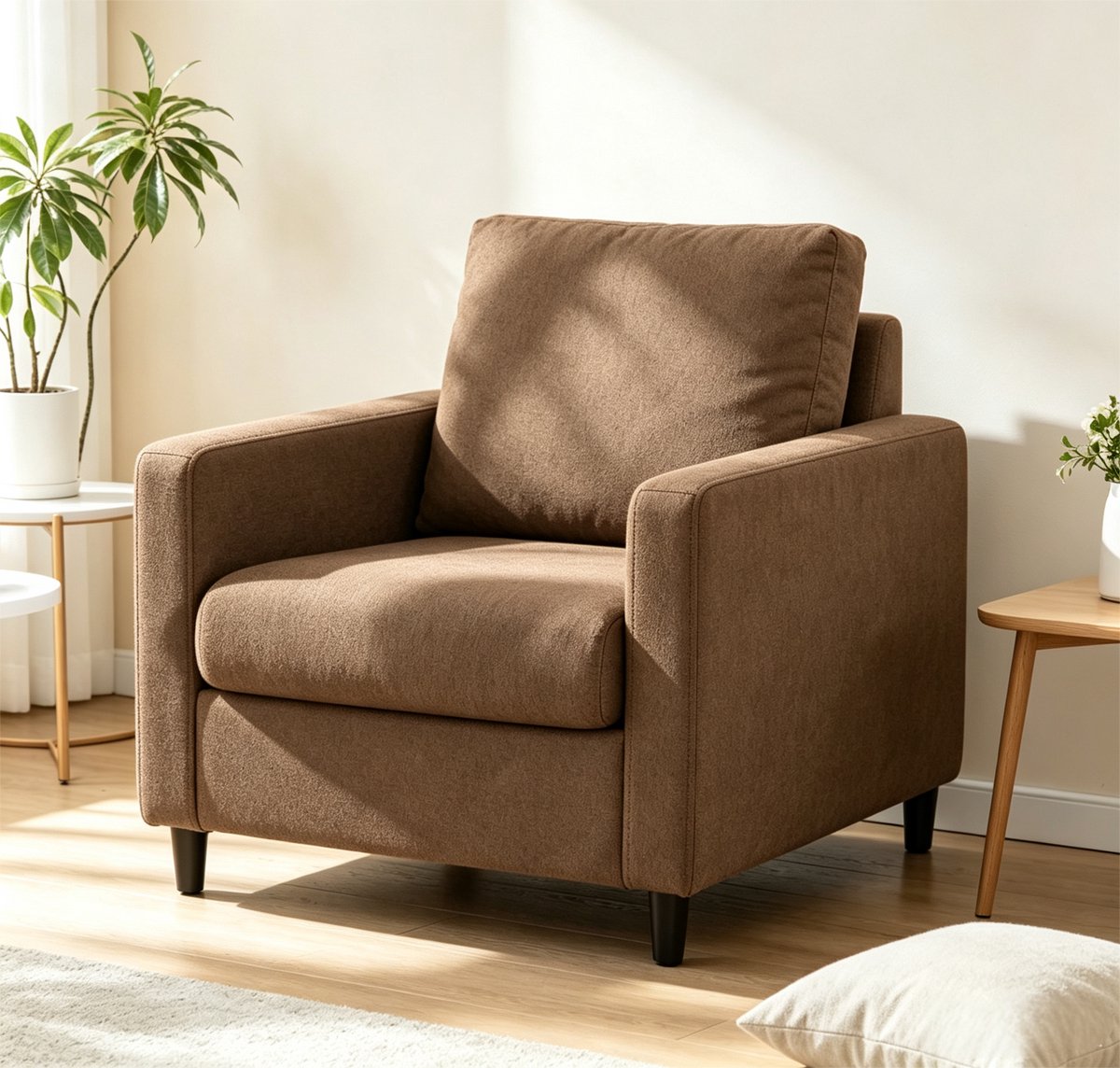 Compacte Chenille Accentstoel (33 inch) - Bruin - Ergonomische Leesstoel met Lendensteun - Hoogdicht Schuim en Pocketvering - Afneembare en Wasbare Hoes - Massief Houten Poten
