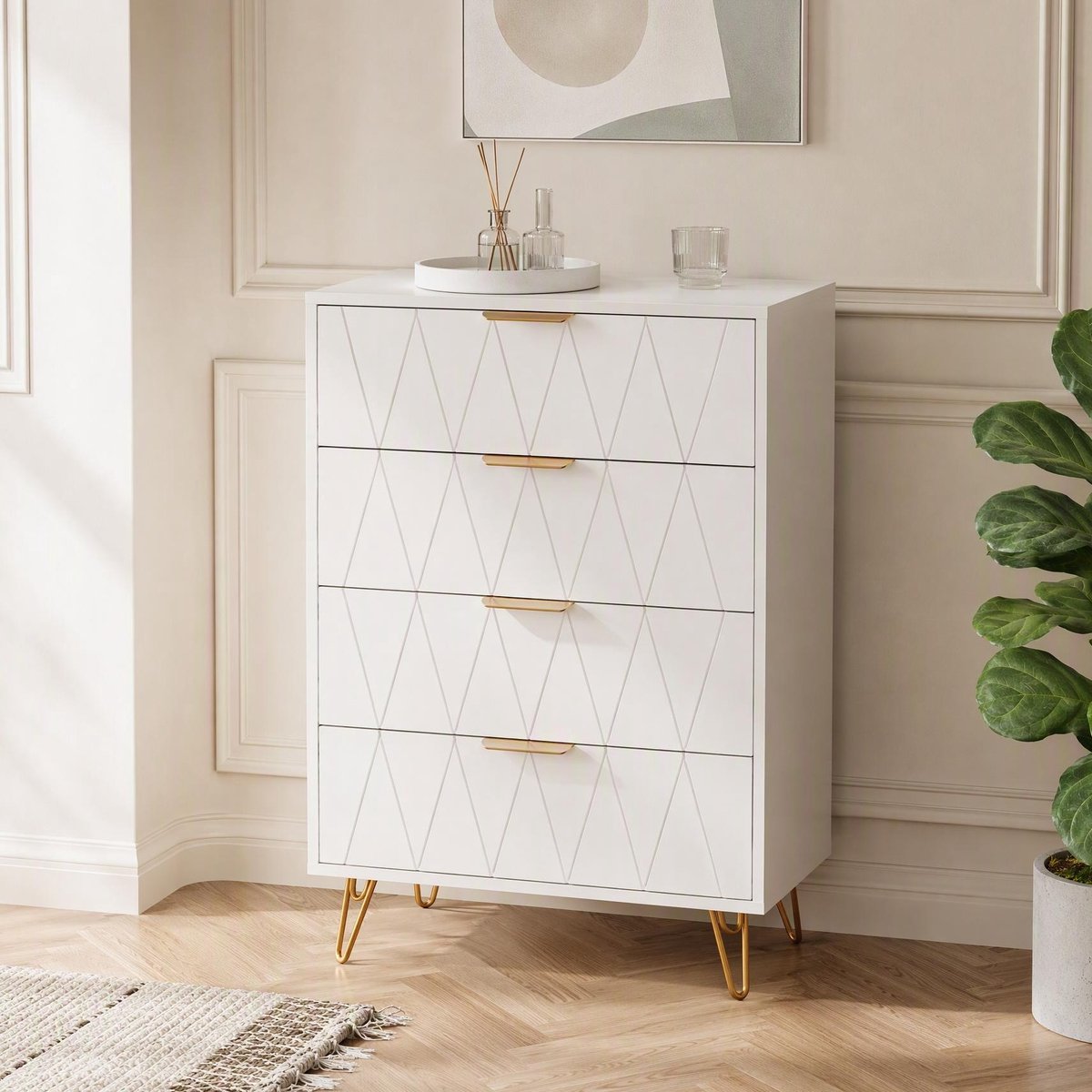 Moderne ladekast met 4 lades, Witte commode van metalen handgrepen en pootjes, anti-kantel opbergmeubel voor slaapkamer hal woonkamer, 60x34x90cm