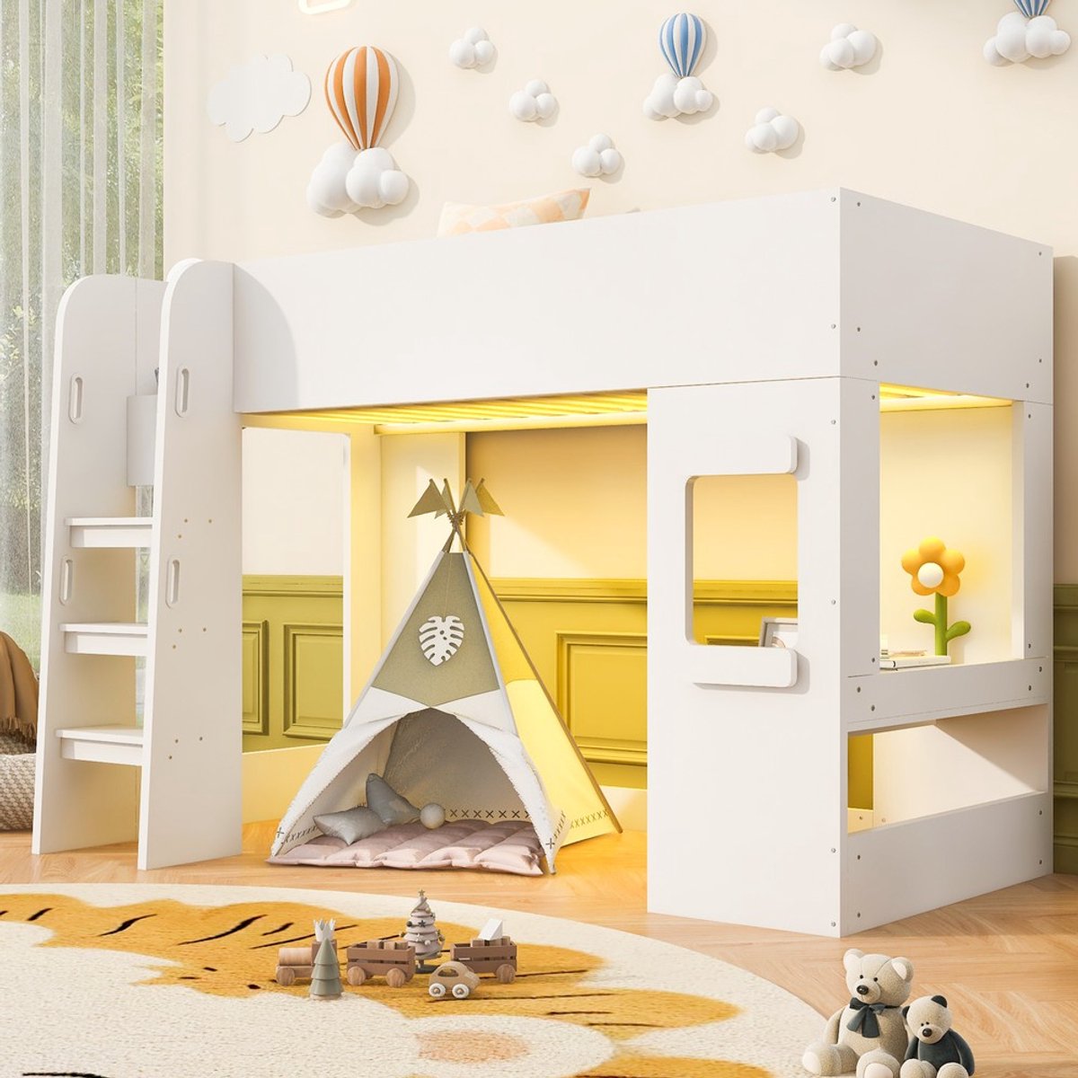 KOMHTOM Houten hoogslaper 90 × 200 cm, met lichtlijst, met klein bureau, hoog veiligheidshek, jeugdbed, eenpersoonsbed, wit