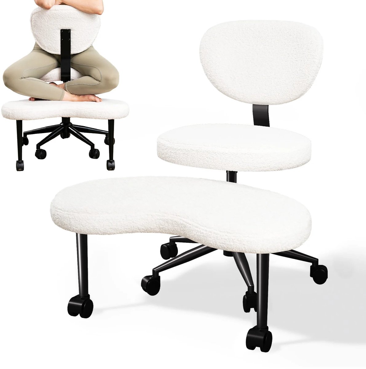 G&G bureaustoel - Meditatiestoel - Yogastoel - Ergonomische - Rugleuning - Voetsteun - In hoogte verstelbaar - Draaibaar - Wit