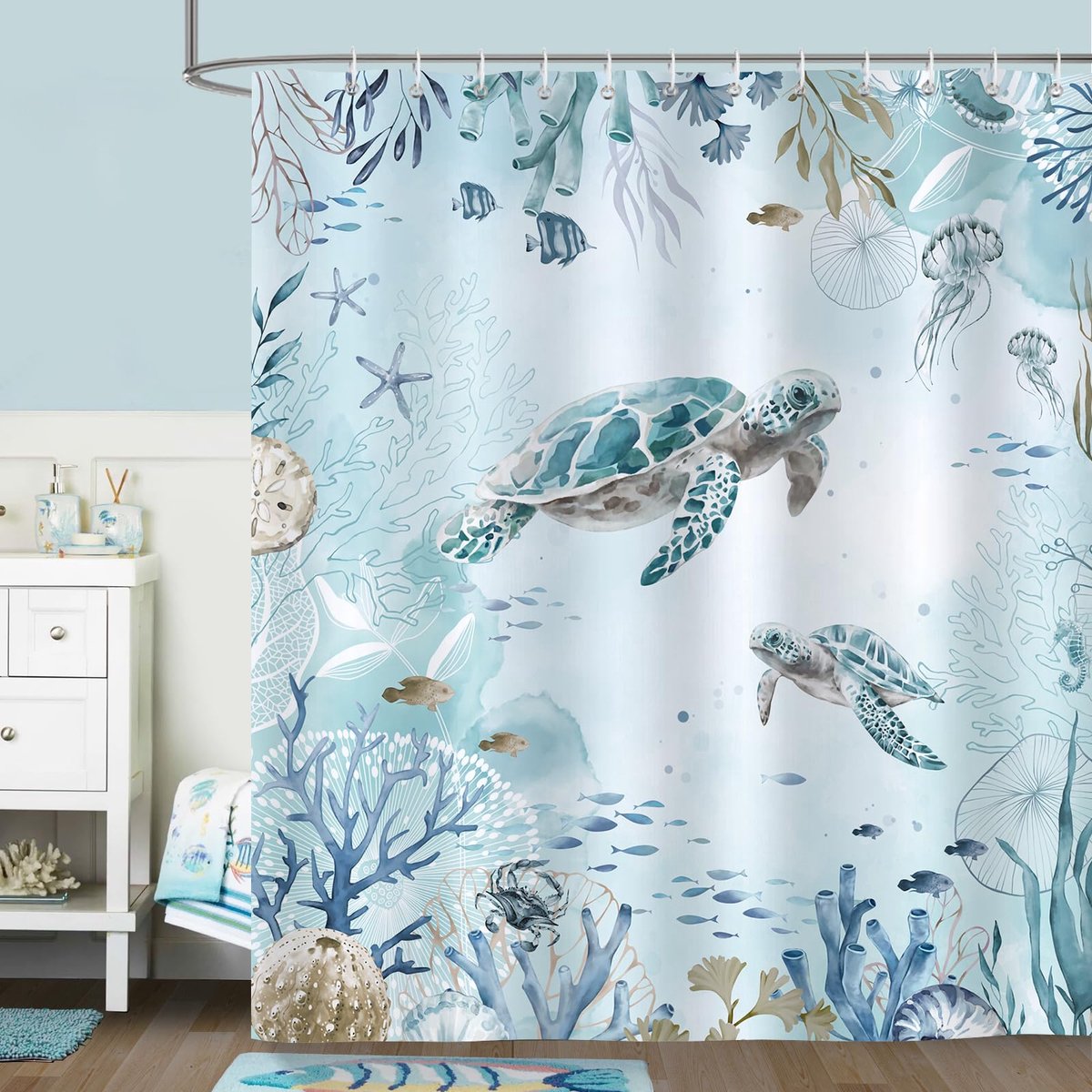 Douchegordijn – Blauwe Oceaan, Strand- En Kuststijl – 180 X 200 Cm – Schimmelbestendig, Waterdicht – Geschikt Voor De Badkamer – Inclusief 12 Haken – Dessin Met Cartoon-Zeeschildpad