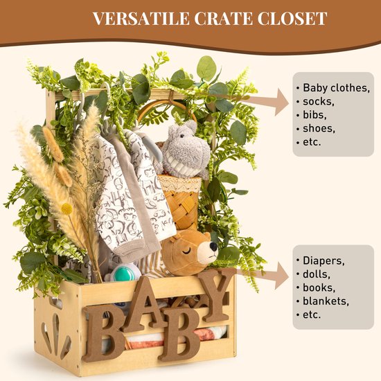 Houten opbergkrat voor baby - Babykamer krat met handvat - Opbergmand voor baby shower cadeaus en newborn spullen - Welkomstcadeau voor nieuwe ouders (exclusief hangers) — afbeelding 3
