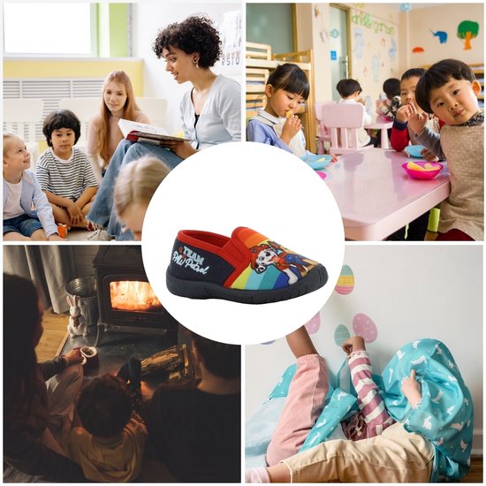 Collage met Paw Patrol sloffen in verschillende settings: klaslokaal, woonkamer, kinderkamer.