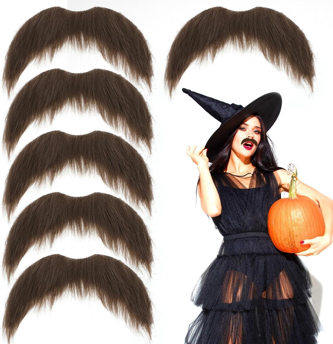 Set van 6 Neppetjes voor Cosplay en Halloween Feestjes - Bruine Snorren en Baarden voor Verkleedkleding