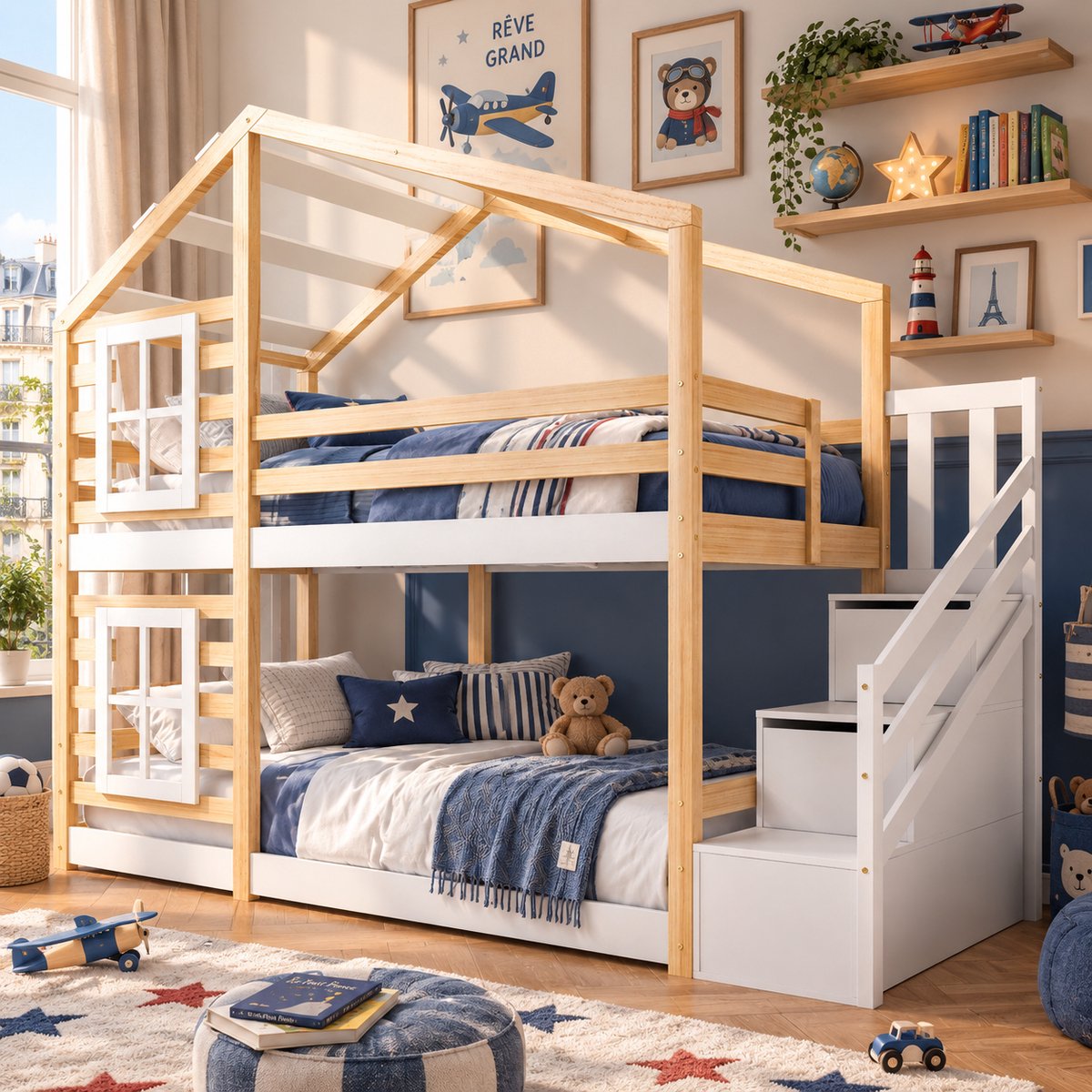 MEXUS Hoogslaper 90x200 cm, kinderbed in huisjesstijl met opbergruimte en uitvalbeveiliging, Wit
