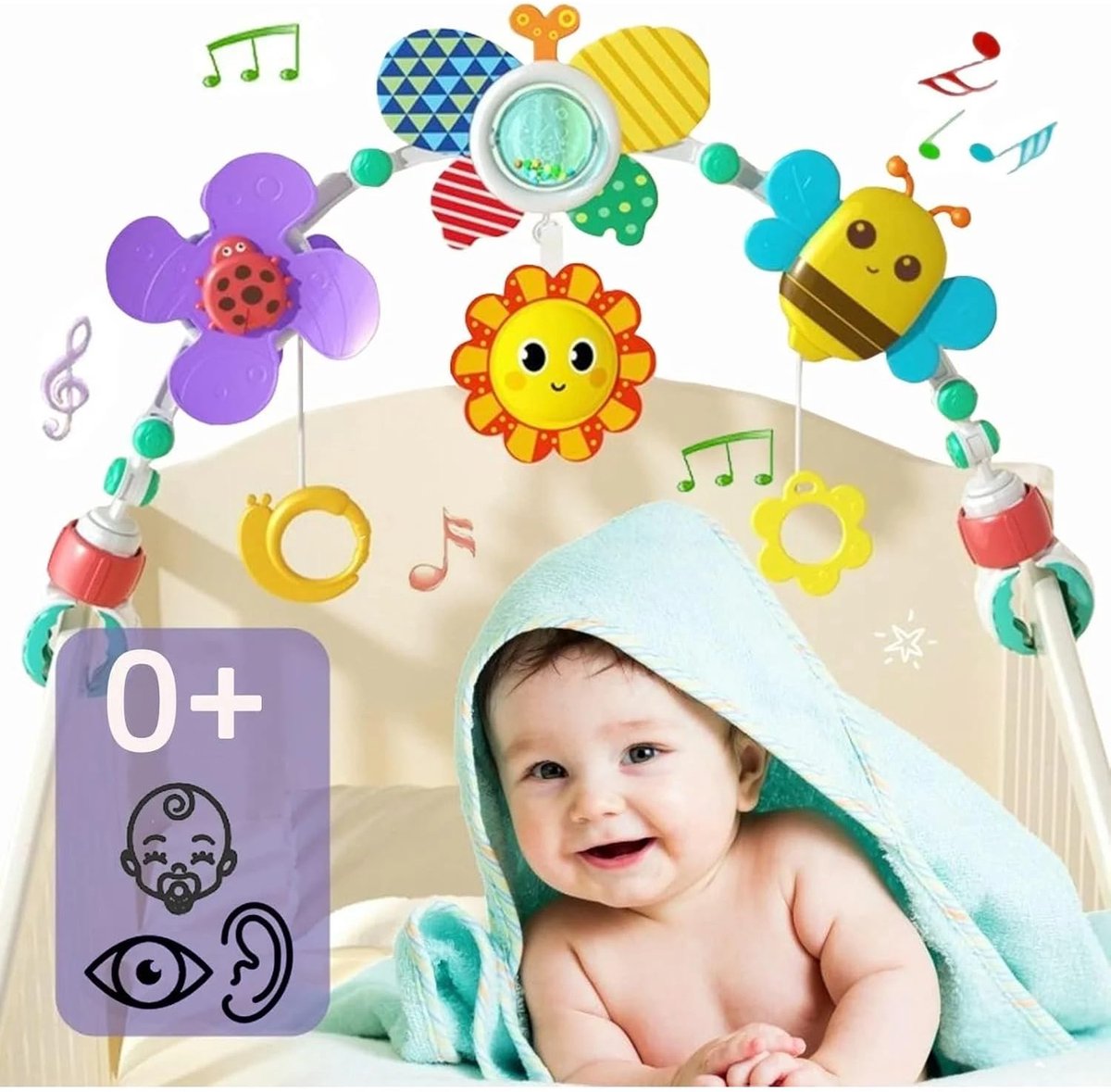 Baby Stroller Arch Toys - Verstelbare wiegmobiel met sensorische speelaccessoires en hangende speeltjes, baby-autostoelspeelgoed voor kinderen