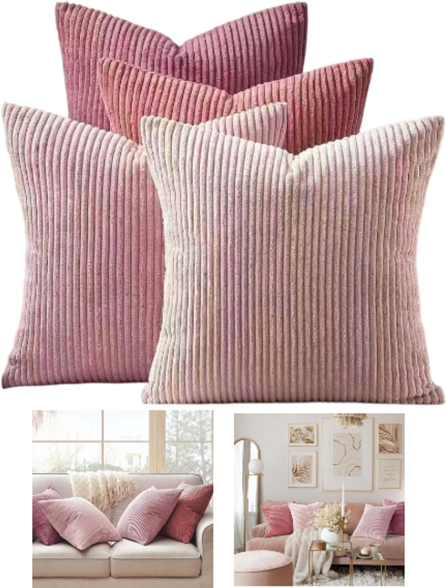Set van 4 – Sierkussenhoezen – Ribfluwelen kussenhoezen – Decoratieve kussenhoezen – Roze tinten – 45x45 cm – Zacht – Geschikt voor bank, bed, woonkamer, slaapkamer, stoel, tuin, kinderkamer – Exclusief binnenkussens