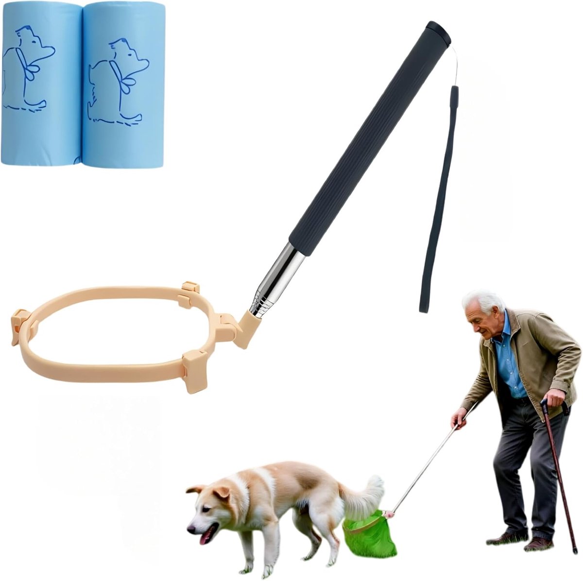 Hondenpoepschep,van roestvrij staal (81 cm) – zonder bukken | eenvoudig met één hand, voor ouderen en rugpijn, voor wandelingen en het uitlaten van de hond op gras, grind en straten