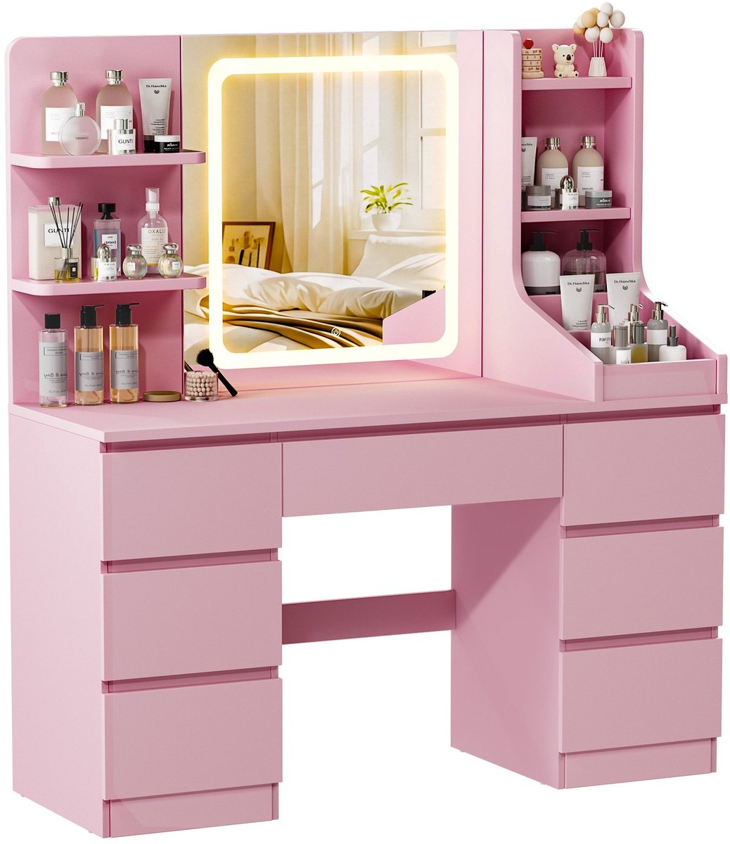 Devoko Kaptafel met LED Spiegel - 108x40x139 cm - 7 Lades, 3 Opbergvakken & Zijopberging - Dimbare Verlichting met 3 Lichtkleuren - Roze