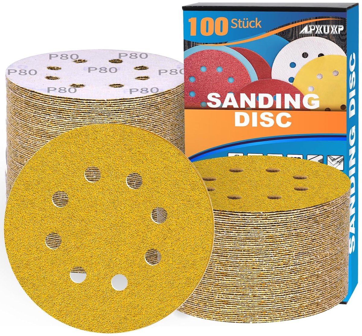 Schuurschijven 125mm 120 Stuks Klittenband Schuurpapier Ronde 8 Gaten Goudgeel Schuurpads voor Excentrische Schuurmachine (met Korrel P40/P60/P80/P120/P180/P240/P320/P400x15)
