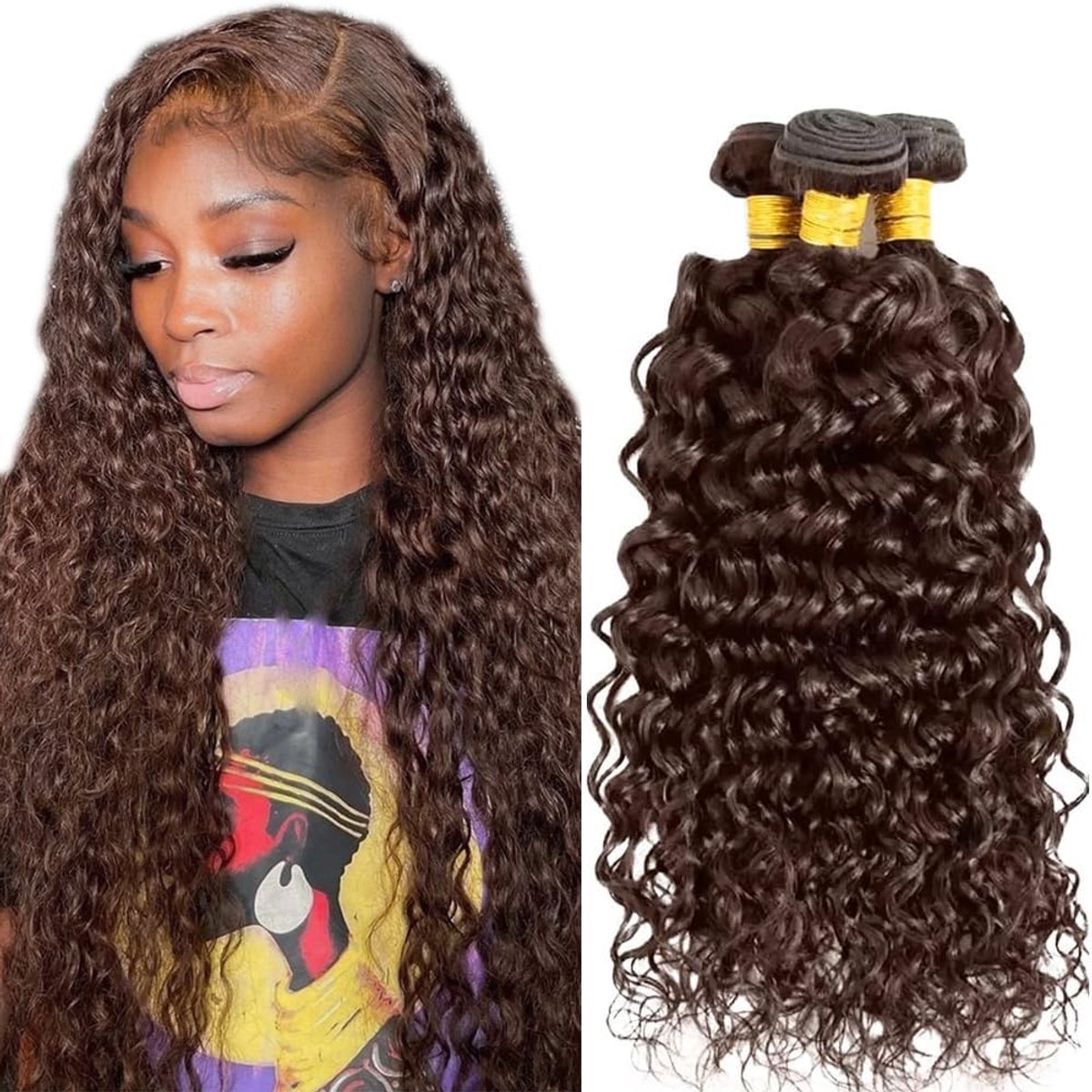 22 24 26 Inch Human Hair Bundles Kinky Curly Hair #4 Chocolate Brown Bundles Human Hair Extensions Double Weft for Women Minimal Smell for Women 3 Bundles