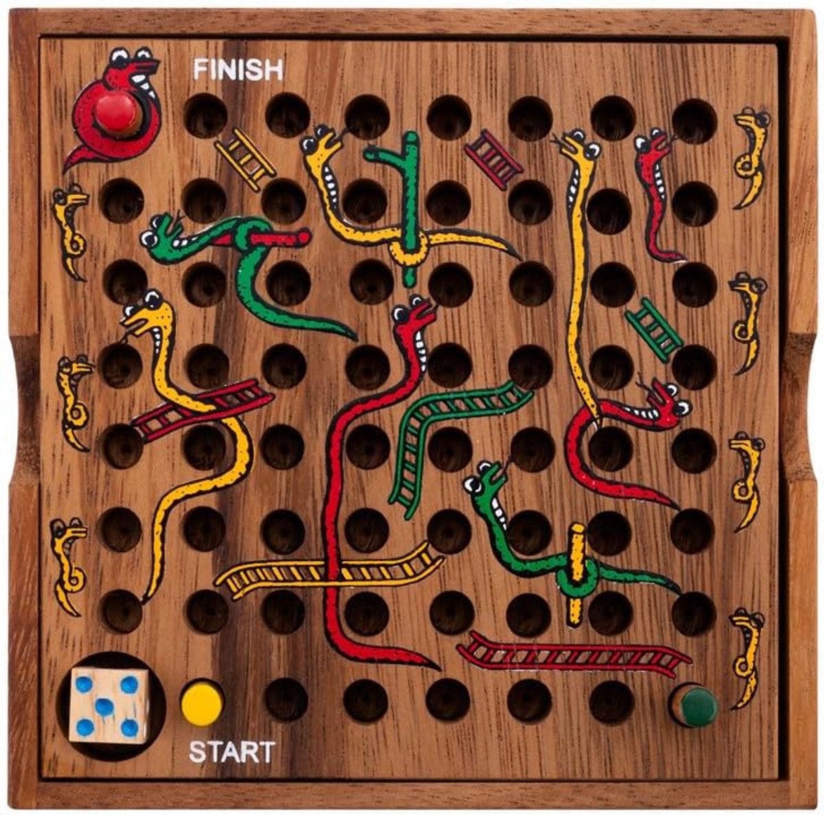Slangen en ladders ladderspel in een houten kistje - reisspel vanaf 4 jaar - 2 tot 4 spelers - 13,5 x 13,5 x 3,5 cm
