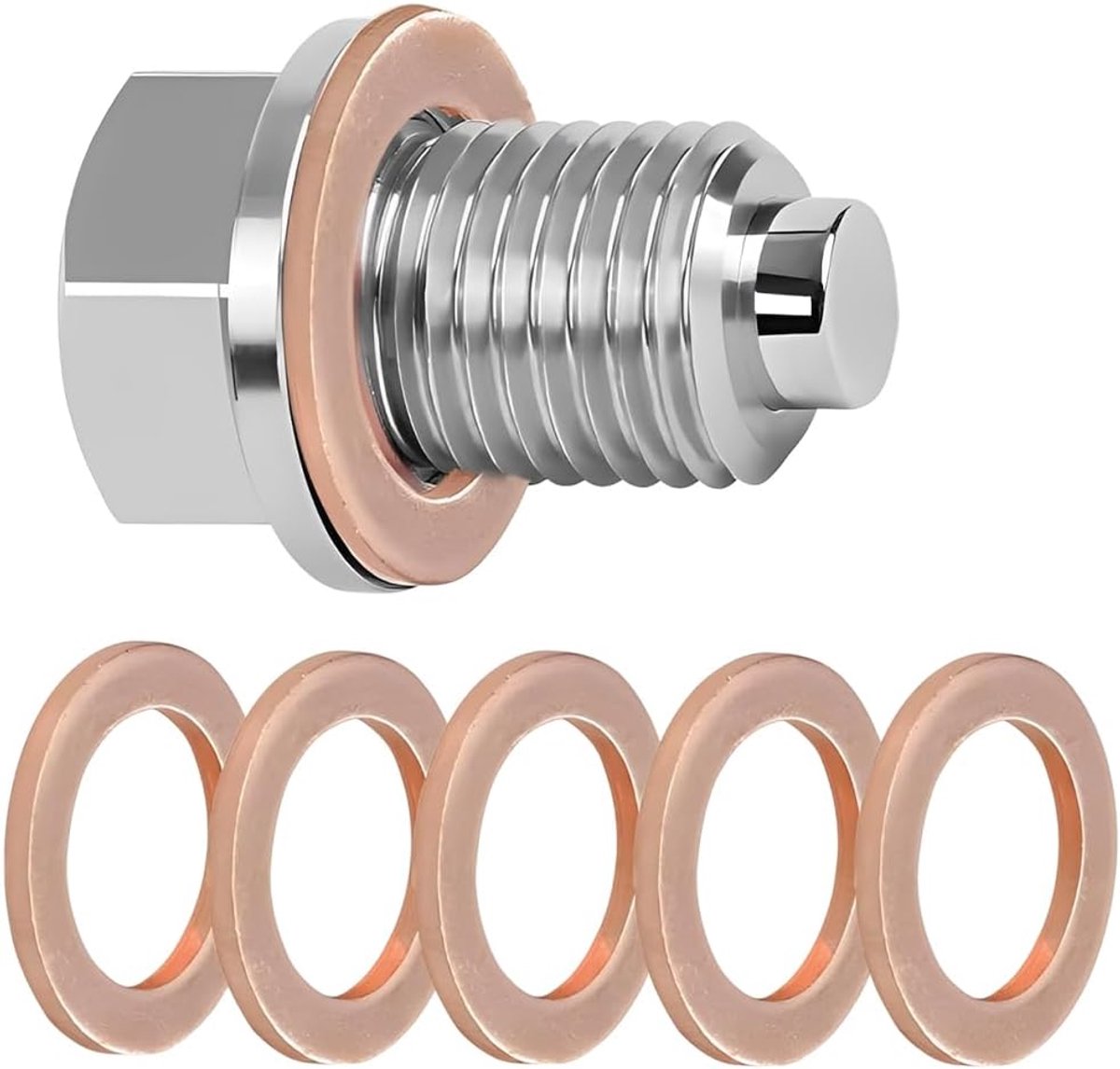 1 stuk magnetische olieafvoerschroef met 5 koperen afdichtingen, afvoermoer voor behuizing, magnetische afdichting, afvoerschroef van roestvrij staal, herbruikbaar voor motorafvoer (M14 x 1,5)