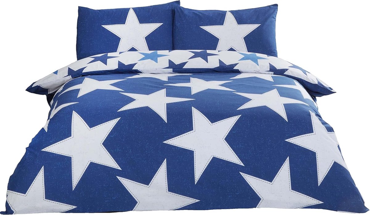 Home All Stars Blauwe tweepersoons dekbedovertrekset voor jongens en tieners, omkeerbaar polykatoenen beddengoed met sterrenpatroon met één dekbedovertrek (200 x 200 cm) met twee bijpassende